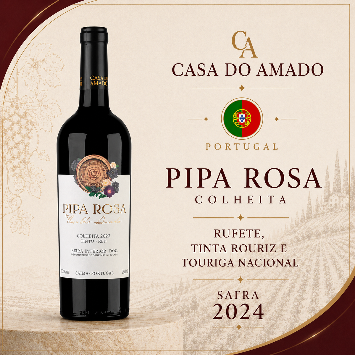 Pipa Rosa Colheita 2024 -Vinho Fino Tinto Meio Seco 750 ml