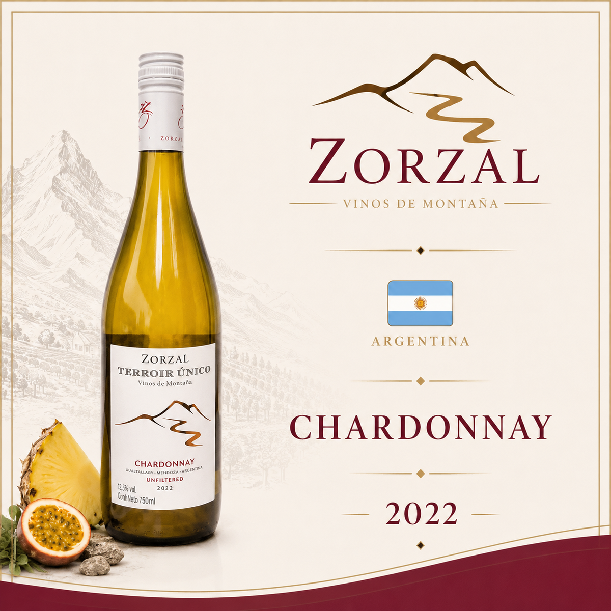 Zorzal Terroir Único Chardonny 2024 - Vinho Fino Branco Seco 750 ml