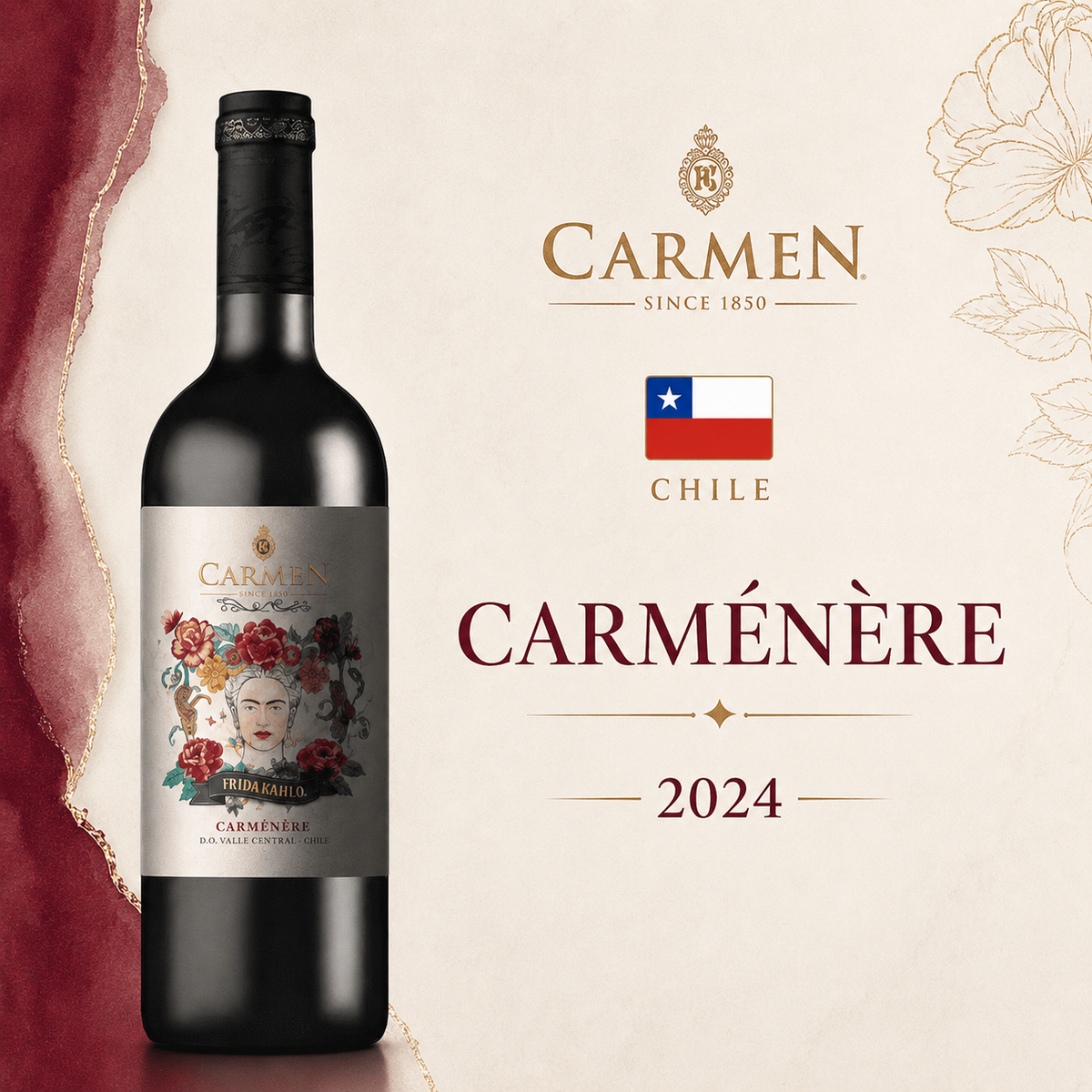 Carmen Frida Kahlo Carménère Reserva 2024 – Vinho Fino Tinto Meio Seco 750ml