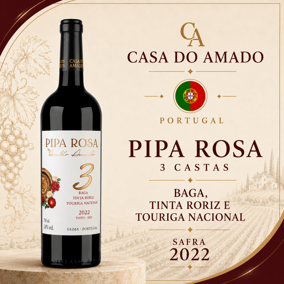 Pipa Rosa 3 Casta 2022 - Vinho Fino Tinto Meio Seco 750 ml