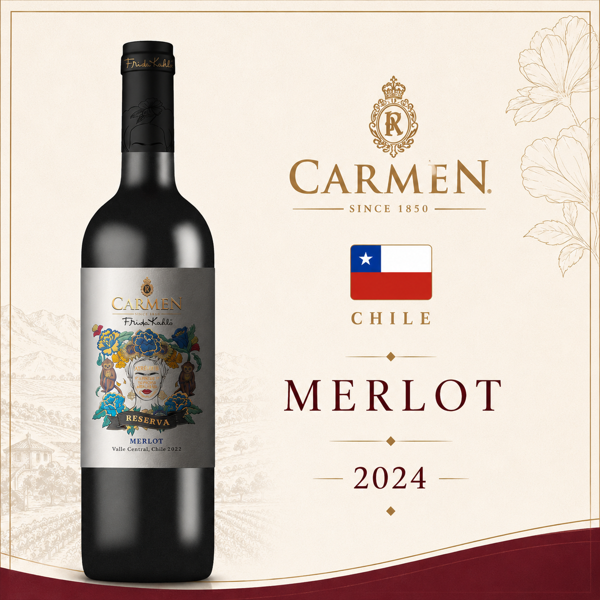 Carmen Frida Kahlo Merlort Reserva 2024 – Vinho Fino Tinto Meio Seco 750ml