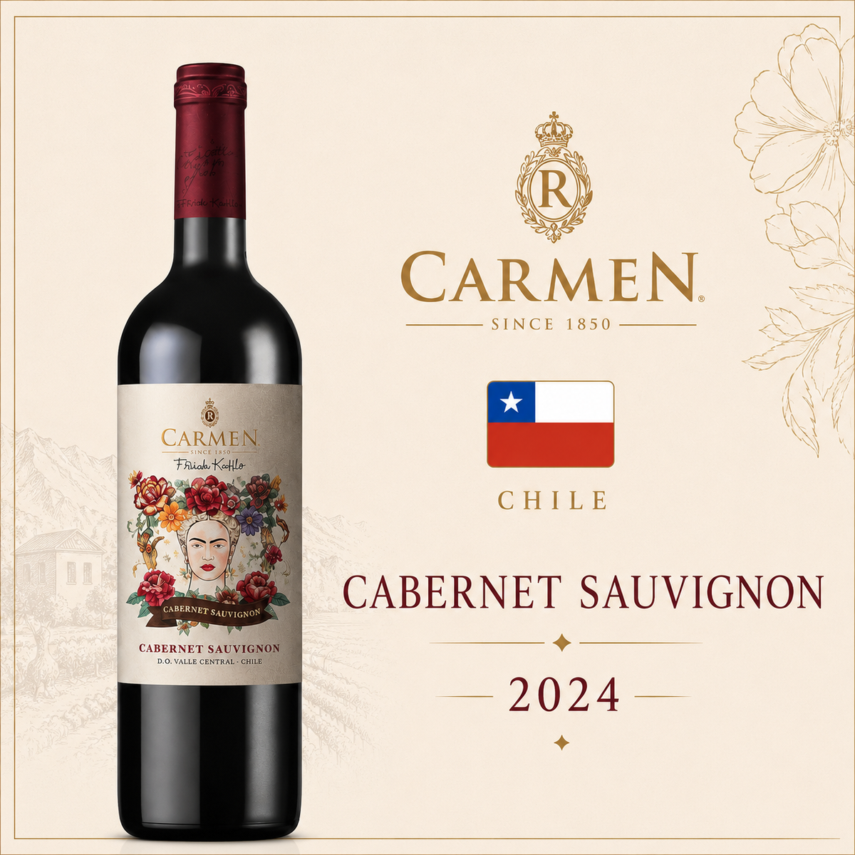 Carmen Frida Kahlo Cabernet Sauvignon Reserva 2024 – Vinho Fino Tinto Meio Seco 750ml